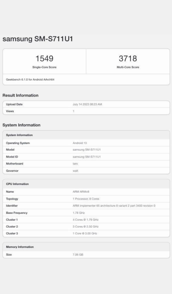 S23 FE Geekbench Listing